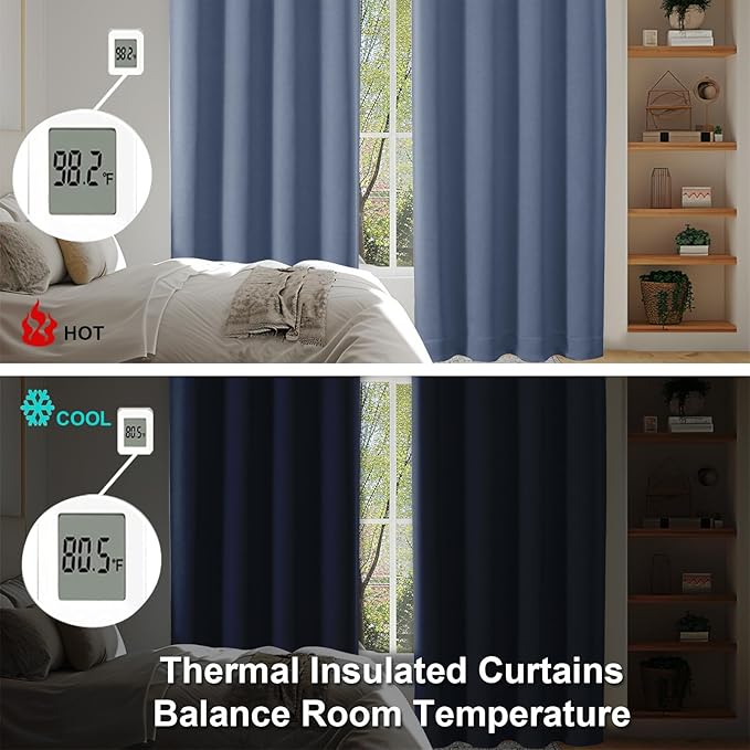 Simplebrand Denim Blackout Curtains for Bedroom 96 Inches Long 2 Panels, Solid Thermal Insulated, Energy Saving Living Room Window Treatment Curtains Blackout Drapes, W50 x L96 Inch, Denim