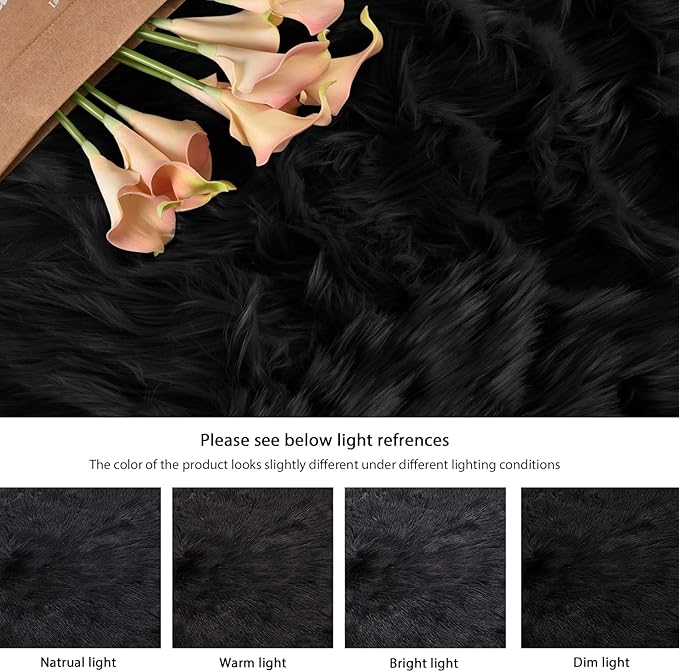 ORINOVA Black Fuzzy Living Room Washable Area Rugs for Bedroom Shag Circle Faux Sheepskin Furry Fur Round Rug 5ft Nursery Rug