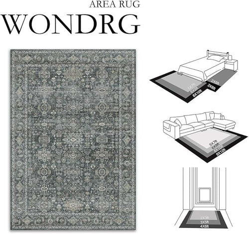 6x9 Washable Area Rug for Living Room Bedroom Vintage Black Grey Carpet Soft Low Pile Traditional Retro Non Slip Throw Rug for Dining Room Entryway Indoor Dorm Kitchen