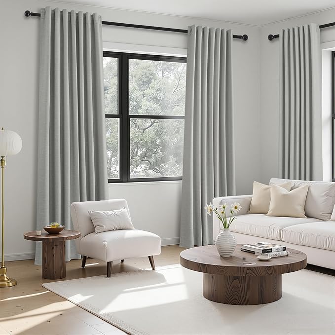 Grey Linen Blackout Curtains 95 Inch Long 2 Panels Back Tab Thermal Insulated Light Blocking Curtain for Living Room 100% Black Out Drape for Bedroom Neutral Rustic Farmhouse 52x95 Length Frost Grey