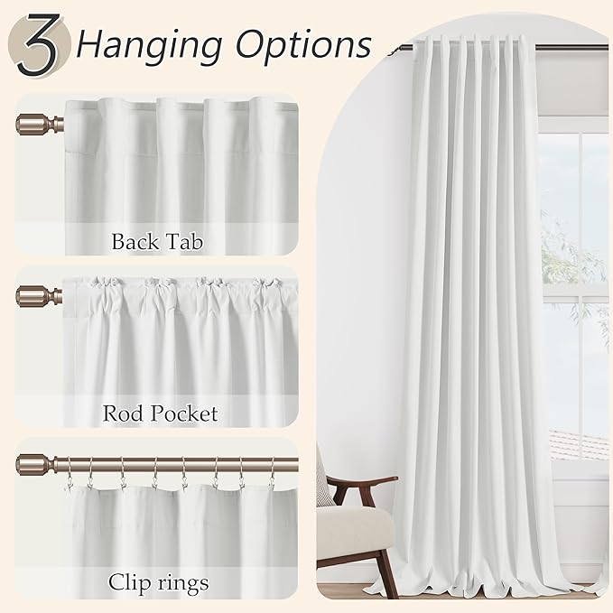 Guken White 100% Blackout Linen Curtains 96 Inch Length 2 Panels Set for Living Room Bedroom Back Tab Rod Pocket Thermal Insulated Black Out Drapes Room Darkening Farmhouse Window Curtains 52x96