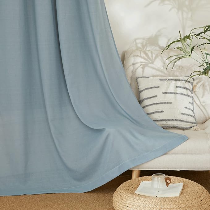 NICETOWN Linen Flax Semi Sheer Curtains 94" Length, Grommet Window Treatments Privacy Added with Light Penetration Vertical Drapes for Loft/Home Office, Stone Blue, W55 x L94, 2 Panels