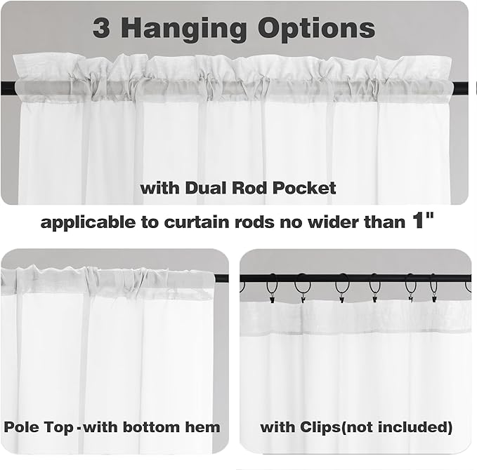 Chyhomenyc Sheer White Valances for Windows 2 Pack, Small Window Curtains for Living Room Bathroom Cafe Laundry Basement, Modern Top Dual Rod Pocket Voile Curtain, 42W x 14L inches, White