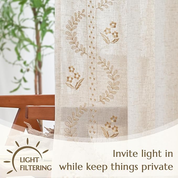 jinchan Belrose Linen Curtains for Bedroom Floral Curtains 96 Inch Length Linen Blend Beige Embroidered Drapes Farmhouse Flower Patterned Drapes for Living Room Window Treatments Set 2 Panels
