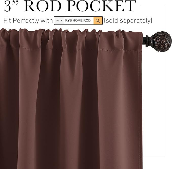 RYB HOME Kitchen Blackout Curtains Over Sink 36 inch Length, Rod Pocket Summer Light UV Blocking Energy Efficient, Cabinet Shelf Cupboard Coverings, Width 29 by Length 36, Chocolate Brown, 2 Panels