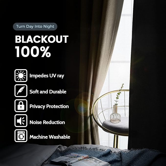 SimpleHome 100% Blackout Curtains for Bedroom,Thermal Insulated Beige Grommet Window Drapes Room Darkening Curtains for Living Room with Black Back,38 x 72 Inch,2 Panels