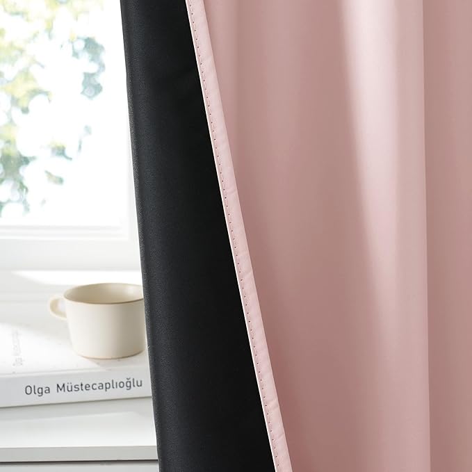 RYB HOME 100% Blackout Bathroom Curtains Over Sink 24 inches Long, Heat & UV Blocking Total Room Darkening Noise Reducing Curtains for Basement RV Campers, Baby Pink, 2 Panels Set