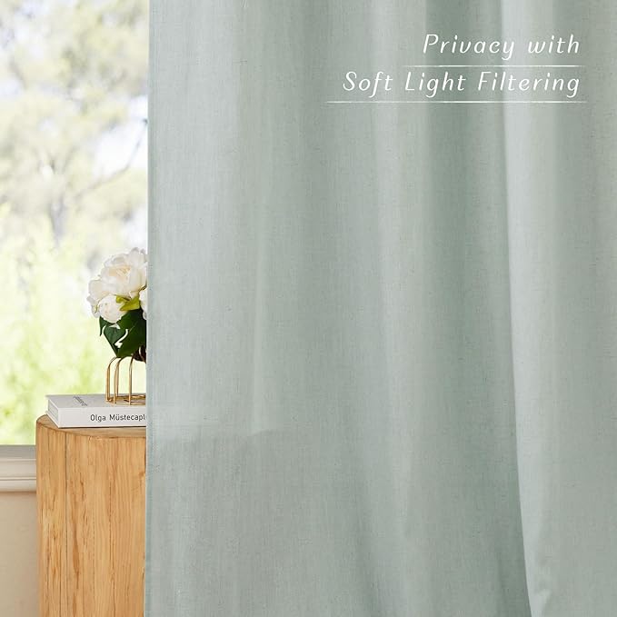 NICETOWN Flax Sage Green Linen Curtains for Room Divider, Grommet Top Thick Flax Semi Sheer Vertical Drapes Privacy Assured with Light Filtering for Sliding Glass Door, W68 x L84, 2 Pieces