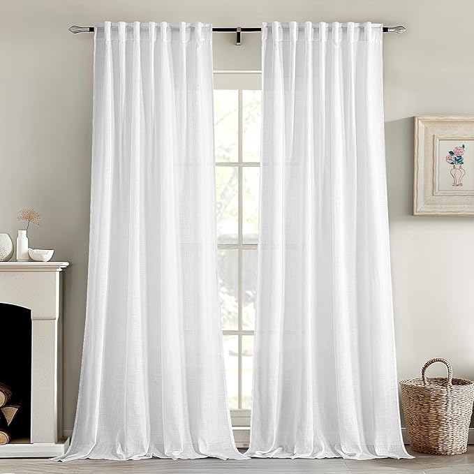 MIULEE White Linen Curtains 86 Inch Long 2 Panels for Bedroom Living Room, Soft Thick Linen Textured Back Tab Window Drapes Semi Sheer Light Filtering Rod Pocket Modern Farmhouse Decor