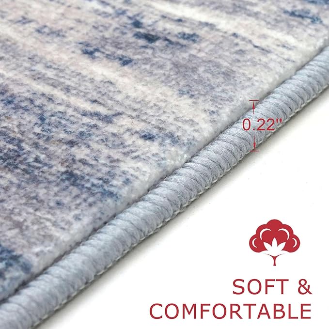 KOZYFLY Modern Abstract Washable Long Rug Runner 2.6x20 Hallway Rug Runner Non-Slip Soft Stair Runners, Grey-Blue Striped 20 feet Runner Rug for Kitchen Entryway Bathroom Laundry Room Foyer