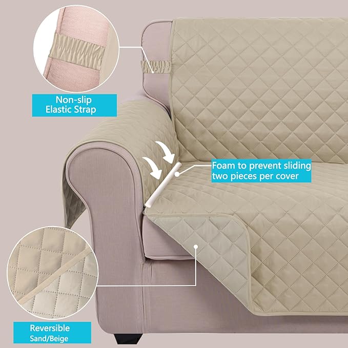 U-NICE HOME Reversible Oversized Chair Covers Quilted Water Repellent Pet Protectors with Elastic Straps(28''Armchair, Sand/Beige)