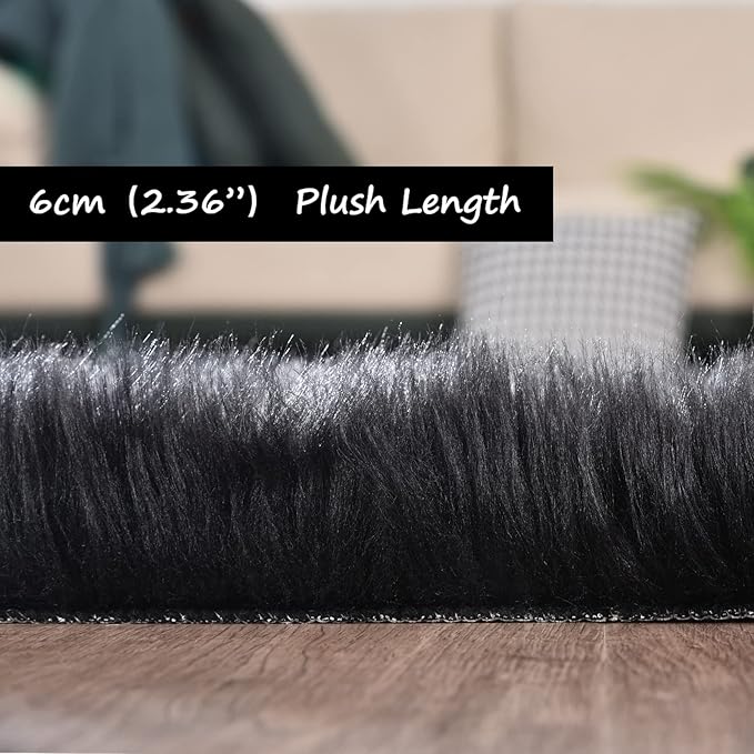 Goolela Black Faux Sheepskin Fur Rug 4x6 Fuzzy Furry Area Rug Black Fluffy Soft Shaggy Carpet for Bedroom Living Room Bedside Washable Sheepskin