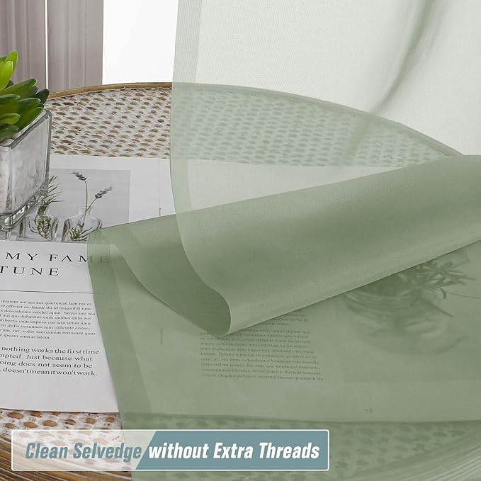Sage Green Sheer Curtains for Window 72 inches Long 2 Panels Set, Soft Airy Modern Light Filtering Sheer Curtains for Living Room Bedroom, Dual Rod Pocket Solid Window Drapes, 2x42Wx72L inches
