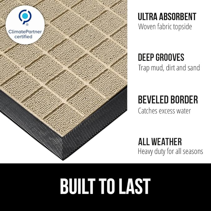 GORILLA GRIP 100% Waterproof All-Season WeatherMAX Doormat US Designed Natural Rubber, Stain and Fade Resistant, Low Profile Indoor Outdoor Door Mats, Easy Clean Patio Mat, 23x35, Taupe Grid