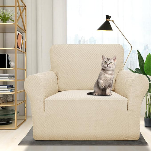 1 Piece Jacquard Chair Slipcovers for Living Room High Stretch Chair Covers with Arms Anti Slip Pets Friendly Couch Sofa Armchair Cover Furniture Protector (Chair, Light Beige)