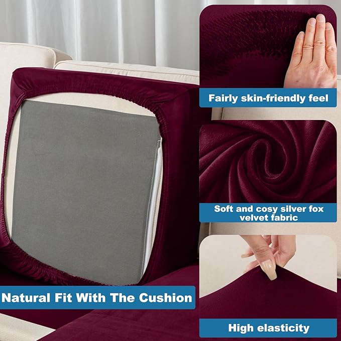 Couch Cover 4-Piece Elastic Velvet Couch Cushion Covers & Chaise Slipcovers for L-Shaped Sofas, Sofa Seat Covers Washable, Soft Cover for Couches (3 Seater + Chaise, Wine)