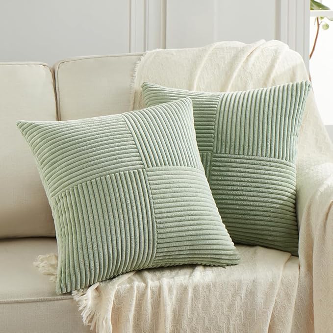 Fancy Homi 2 Packs Sage Green Samll Decorative Throw Pillow Covers 12x12 Inch with for Couch Bed Sofa, Rustic Farmhouse Boho Home Decor, Soft Corss Patchwork Corduroy Square Cushion Case 30x30 cm