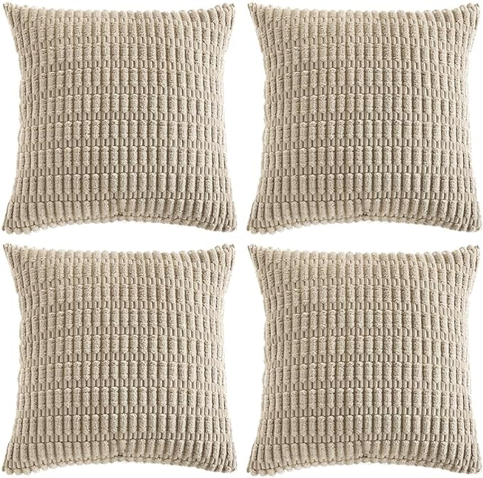 Fancy Homi 4 Packs Taupe Decorative Throw Pillow Covers 16x16 Inch for Living Room Couch Bed, Rustic Modern Farmhouse Boho Home Decor, Soft Plush Corduroy Cute Square Accent Cushion Case 40x40 cm