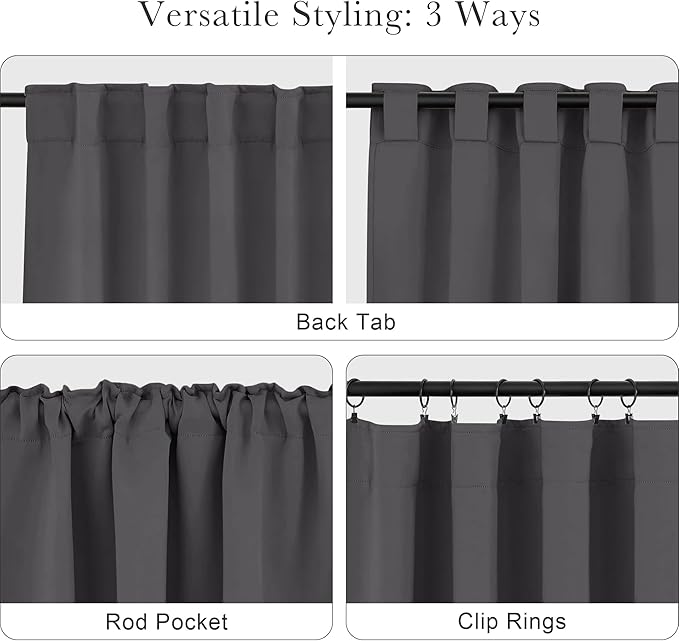 PONY DANCE Blackout Window Curtains - Short Gray Thermal Insulated Drapes Back Tab/Rod Pocket Room Darkening Panels Energy Saving for Bedroom/Bathroom, 42 W x 54 L, Grey, 1 Pair