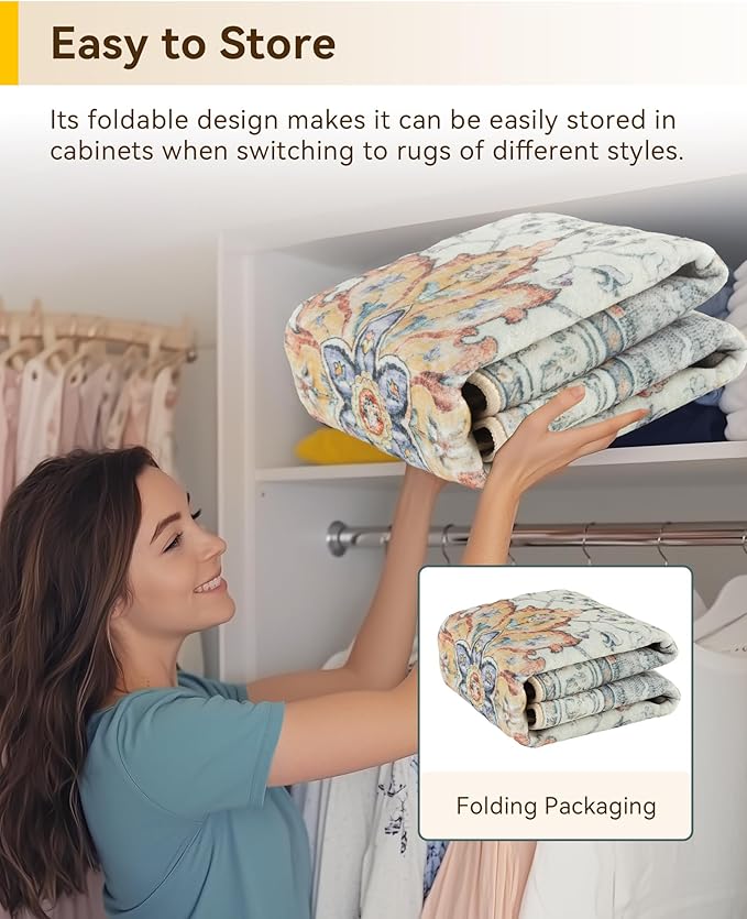 RELEANY Area Rugs 6ft Washable Non-Slip, Floral Vintage Distress Print Pattern Medallion Carpet for Living Room Bedroom Dining Room, Light Yellow Carbon Grey Orange