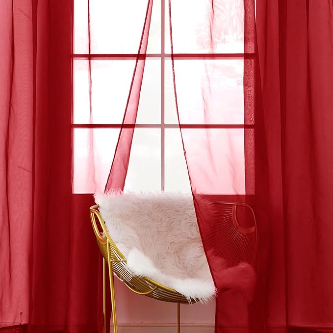 SpaceDresser Christmas Red Sheer Curtains 4 Panels Rod Pocket Semi-Sheer Curtain 90 Inches Long Light Filtering Voile Window Drapes for Bedroom Living Room Kitchen, Each 52W x 90L