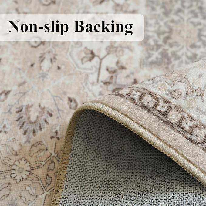 6ft Square Living Room Area Rug: Washable Oriental 6x6 Rugs for Bedroom Dining Room Non-Slip Entryway Kitchen Nursery CarpetWater Resistant Light Weight Floor Mat for Bathroom Laundry Room(6x6,Beige)