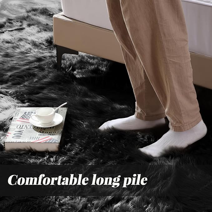ORINOVA Black Fuzzy Living Room Washable Area Rugs for Bedroom Shag Circle Faux Sheepskin Furry Fur Round Rug 5ft Nursery Rug