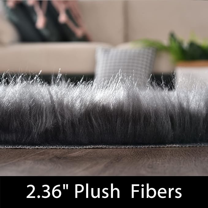 Latepis Dark Grey Round Rug 3ft Faux Fur Circle Rug Fluffy Furry Fuzzy Rug Sheepskin Rugs for Living Room Bedroom Shag Rug Cute Room Décor