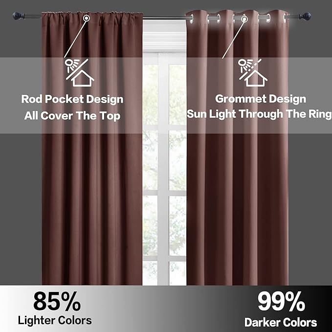 RYB HOME Short Blackout Curtains for Bedroom, Room Darkening Insulated Summer Heat Light UV Blocking Energy Saving Drapes for Nursery, Width 34 by Length 45, Chocolate Brown, Set of 2