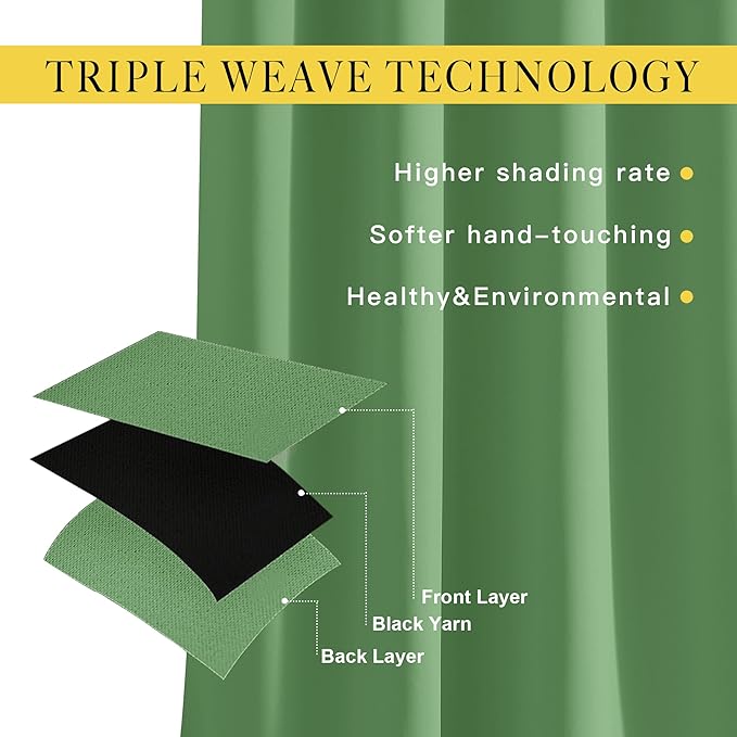 NICETOWN Forest Green Reducing Grommet Curtains - (W52 x L108, 2 Pieces) Triple Woven Textured Soft Curtain Panels for Living Room Window Treatment Drapes