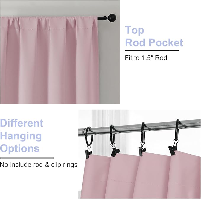 Simplebrand Ava Blush Blackout Curtains for Bedroom 96 Inches Long 2 Panels, Solid Thermal Insulated, Energy Saving Nursery Window Treatment Curtains Blackout Drapes, W40 x L96 Inch, Blush