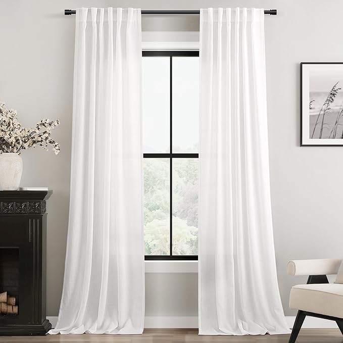 Linen White Curtains 84 inches Long for Bedroom Loop Pocket Privacy Light Filtering Semi Sheer White Boho Farmhouse Curtain Drapes Cotton Textured Modern Elegant Coastal Living Room Decor 42x84