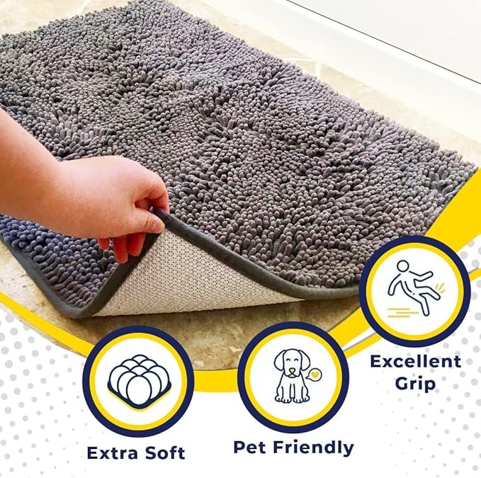 Muddy Mat® | Super Absorbent Door Mat Indoor, Microfiber Quick Dry Chenille Entryway Rug, Non-Slip Front Door Mat, Indoor Mats for Entryway, Machine Washable Pet Rug, Grey 36"x72"