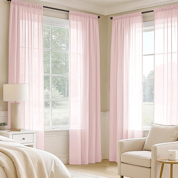 MIULEE Blush Pink Sheer Curtains 90 Inches Long, 4 Panels Set, Light Filtering Rod Pocket Voile Drapes for Living Room and Bedroom, Airy Soft Fabric Window Treatments, 42 x 90 Inches