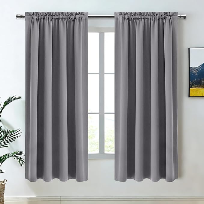 DWCN Blackout Curtains for Bedroom - Thermal Insulated Privacy Energy Saving Rod Pocket Drapes for Living Room, W 38 x L 63 Inch, Grey, Set of 2