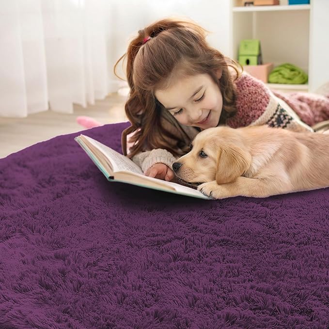 OLANLY Dark Purple Round Rugs for Bedroom - Machine Washable, 6 ft Circle Area Rugs for Living Room, Soft and Fluffy Shaggy Carpet for Teen Girl and Boys, Nursery Rooms, Dorms, Home Decor Aesthetic