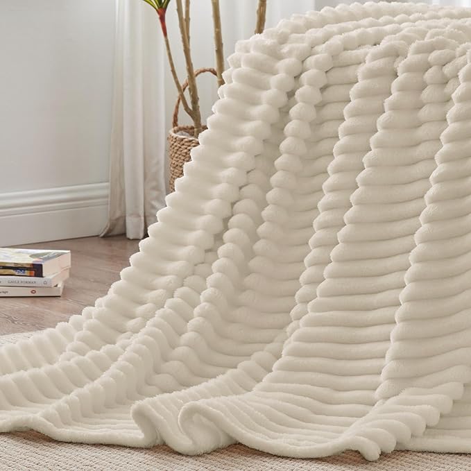 BEDELITE Full Size Blanket for Bed, 300GSM Soft & Warm Fleece Beige Blanket, Decorative and Giftable Striped Blankets for Women, Men, 84"x90"
