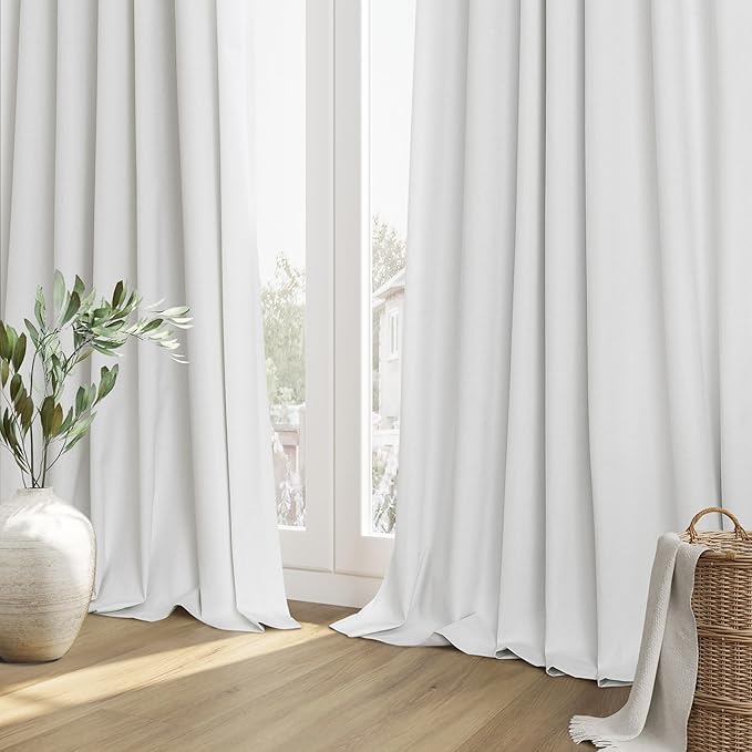 Guken White 100% Blackout Linen Curtains 90 Inch Length 2 Panels Set for Living Room Bedroom Back Tab Thermal Insulated Black Out Drapes Room Darkening Farmhouse Window Curtains 90 Inches Long