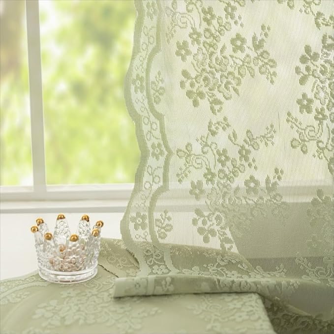 YJ YANJUN Vintage Lace Curtains 90 Inches Long-Victorian Floral Pattern Sage Green Sheer Curtains 2 Panels Embroidered Vine Tulle Voile Window Drapes Boho Aesthetic Decor 52 x 90 Inch Light Green