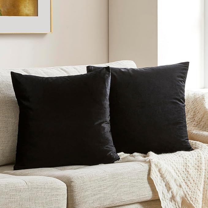 GIGIZAZA Black Velvet Pillow Covers 24x24,Decorative Square Throw Pillows Modern Covers Big Solid Living Room Pillow Cases for Couch Pack of 2