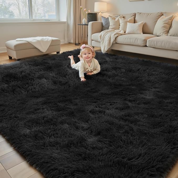 Area Rugs 9x12 Living Room, Large Area Rug Shag Shaggy Carpet Soft Plush Furry Bedside Rug, Machine Washable Area Rugs for Bedroom Kids Girls Boys Home Decor Anti Slip(9 x 12, Black)