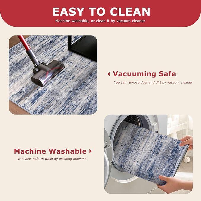 KOZYFLY Modern Abstract Rugs for Entryway 2x3, Washable Kitchen Rug Non-Slip Soft Small Area Rug, Grey-Blue Striped Throw Rugs Faux Wool Doormat for Bedside Entrance Bathroom Sink