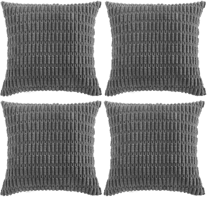 Fancy Homi 4 Packs Dark Grey Decorative Throw Pillow Covers 22x22 Inch for Couch Bed, Rustic Modern Farmhouse Boho Home Decor, Soft Plush Corduroy Gray Cute Square Accent Cushion Case 55x55 cm
