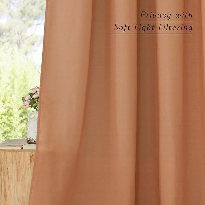 NICETOWN Flax Burnt Orange Linen Curtains for Room Divider, Grommet Top Thick Flax Semi Sheer Vertical Drapes Privacy Assured with Light Filtering for Sliding Glass Door, W68 x L84, 2 Pieces