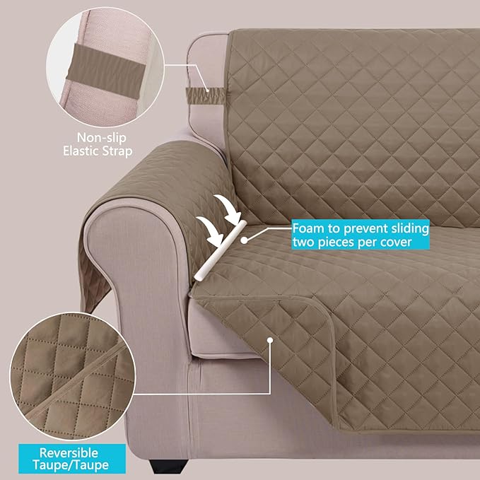 U-NICE HOME Reversible Sofa Cover Couch Cover for Dogs with Elastic Straps Water Resistant Furniture Protector for Pets Couch Cover for 3 Cushion Couch (Sofa, Taupe/Taupe)
