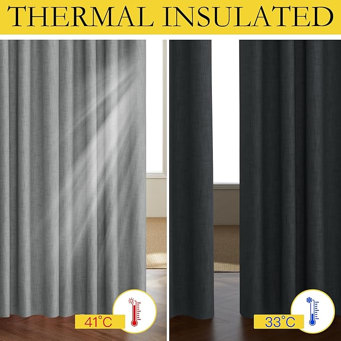 NICETOWN 100% Absolutely Blackout Linen Curtains with Thermal Insulated White Liner, 62" Wide, 2 Panels, 84" Long Drapes, Grommet Retro Dove Grey Linen Curtains Vertical Drapes Privacy for Bedroom