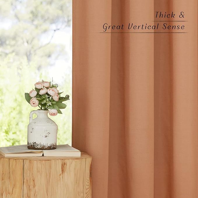 NICETOWN Linen Flax Semi Sheer Curtains 92" Length, Grommet Window Treatments Privacy Added with Light Penetration Vertical Drapes for Loft/Home Office, Burnt Orange, W55 x L92, 2 Panels