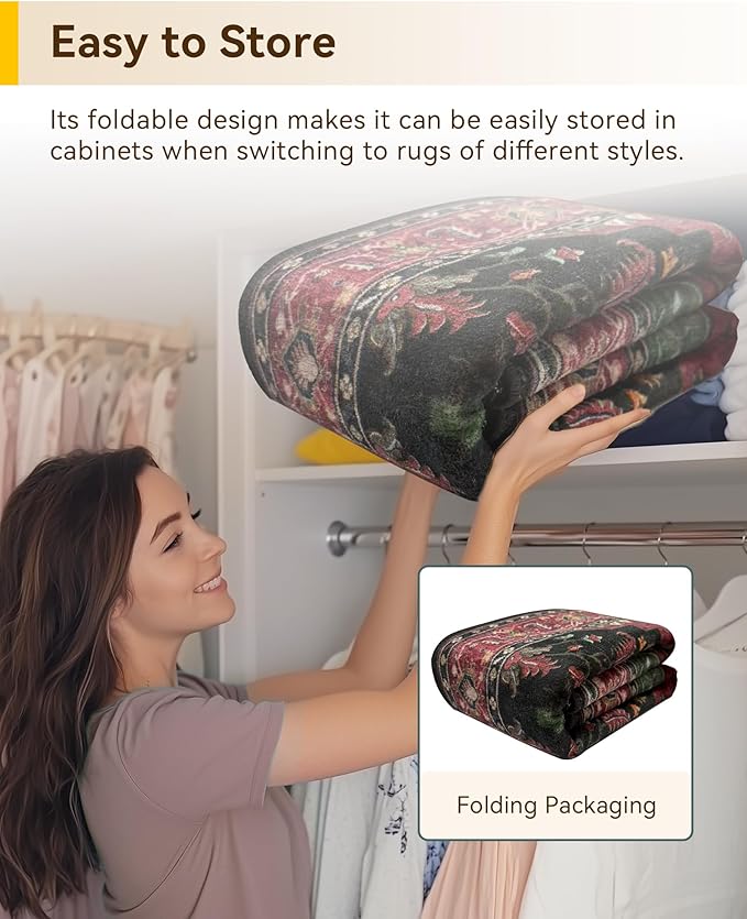 RELEANY Area Rugs 9'x12' Washable Non-Slip, Floral Vintage Distress Print Pattern Medallion Carpet for Living Room Bedroom Dining Room, Red Black