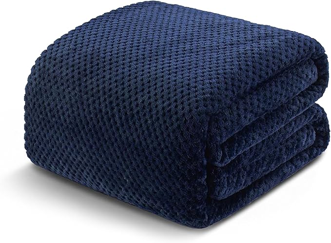 Exclusivo Mezcla Fleece Bed Blanket Twin Size, Super Soft and Warm Blankets for Couch, Sofa and Bed Waffle Textured, Cozy, Fuzzy and Lightweight (Navy Blue, 90x66 Inches)