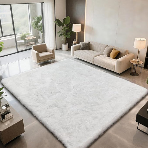 9X12 Large Area Rugs for Living Room Bedroom,White Big Shag Rug for Bedroom Dorm,Soft Fluffy Indoor Carpet Nursery Rugs for Kids Girls Room Home Decor (White, 9X12 Feet)